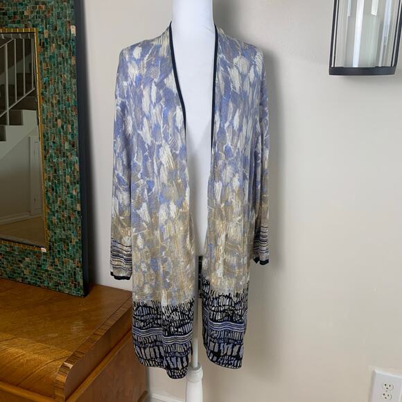 Nic + Zoe 3X Plus Size Cardigan Sweater Blue Beige Black Print Open Front Linen - Picture 1 of 8